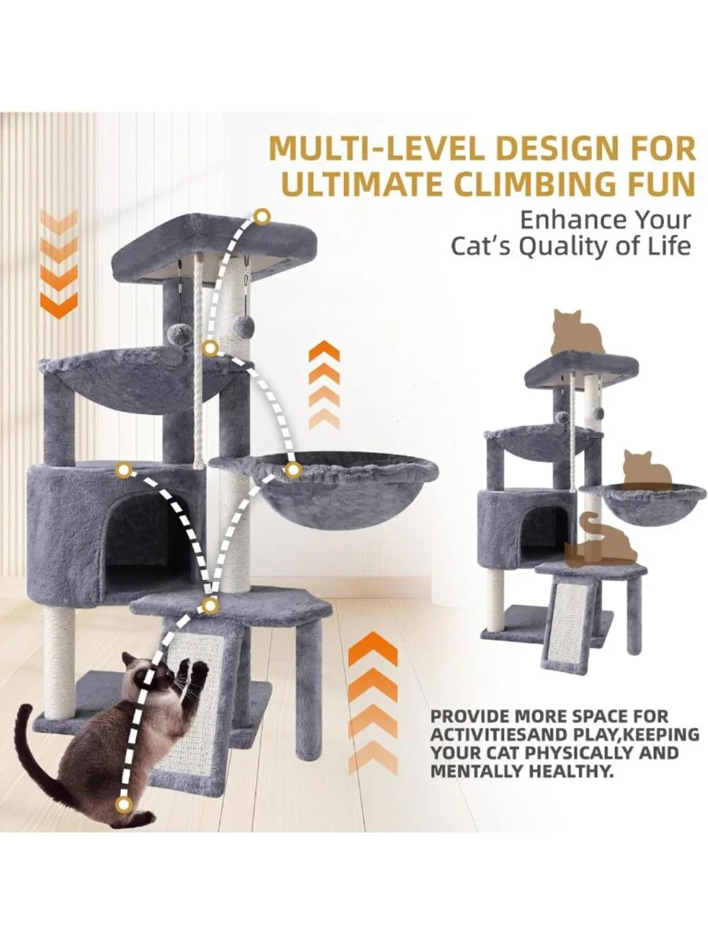 Cozy Three-Tier Cat Tree with Condo & Two Hammocks - Stylish Grey Cat Furniture